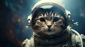 adorable astronaute chat. explorant le univers, un patte à une temps photo