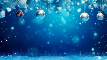bleu Noël Contexte avec babioles pendaison de branche de arbre. génératif ai photo
