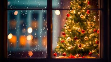 petit Noël arbre dans de face de fenêtre avec vue de le dehors. génératif ai photo