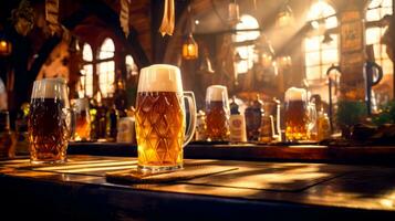 verre de Bière séance sur Haut de en bois table dans bar. génératif ai photo