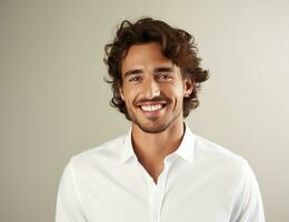 ai généré content la personne mode de vie Jeune gars un Hommes décontractée caucasien de bonne humeur barbe sourire modèle confiance Beau à la mode Masculin adulte visage portrait photo