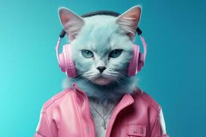 ai généré disco l'audio blanc chaton chanson esquisser content écouteurs écouteurs magnifique du son animal de compagnie Jeune portrait mignonne animal marrant amusement dessin Ecoutez chat mélodie la musique photo