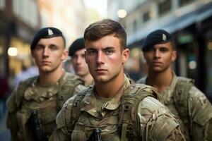 ai généré uniforme Masculin soldats armé camouflage nationale arme la cérémonie pistolet militaire la personne guerre ville Obliger fête parade journée éditorial un événement armée Mars Hommes photo