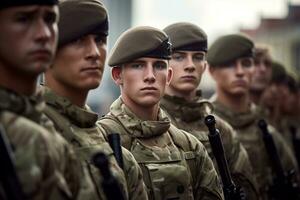 ai généré rue guerre un événement fête Hommes éditorial soldats uniforme nationale la cérémonie armée camouflage la personne parade combat groupe pistolet journée militaire Obliger photo