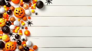 blanc table surmonté avec beaucoup de Halloween des sucreries et jack - o'- lanterne. génératif ai photo
