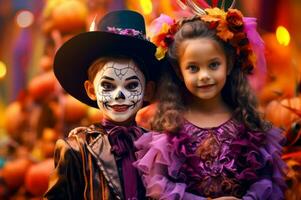 deux Jeune les filles habillé en haut dans costumes pour journée de le mort fête. génératif ai photo