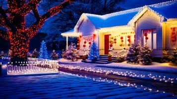 maison avec Noël lumières et décorations sur c'est de face Cour à nuit. génératif ai photo