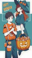 une effrayant enfant de mêmes parents aventure en train de préparer pour Halloween dans anime style avec Facile Contexte photo