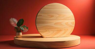 photo bois podium maquette de coloré fo produit présentation tropical feuilles produire ai