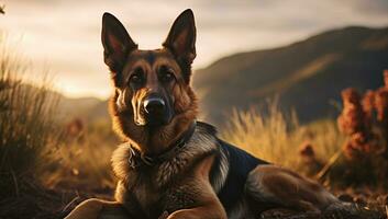 ai généré beauté chien la nature pedigree allemand animal vert fourrure mignonne marron berger mammifère Jeune herbe chien de berger de race portrait race animal de compagnie photo