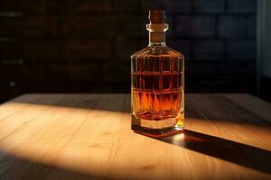 maquette de une whisky ou alcool bouteille sur une Naturel style Contexte photo