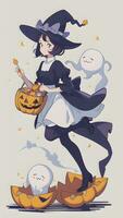 en train de préparer pour Halloween une mignonne Jeune fille et le sien citrouille dans anime style avec Facile Contexte photo