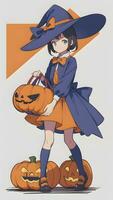 en train de préparer pour Halloween une mignonne Jeune fille et le sien citrouille dans anime style avec Facile Contexte photo