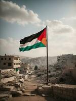 palestinien drapeau avec détruit ville, ai généré. photo