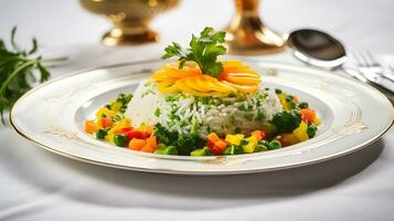 une assiette avec riz, des légumes et une carotte ai génératif photo