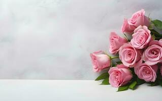 rose des roses sur une blanc table avec copie espace ai génératif photo