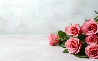 rose des roses sur une blanc table avec copie espace ai génératif photo