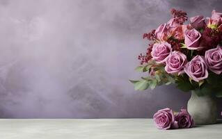 une vase avec violet des roses séance sur une table génératif ai photo