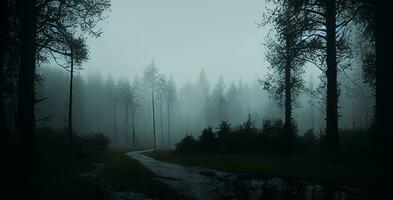chemin dans le forêt sur une pluvieux journée mystérieux humide forêt éloigné campagne photo
