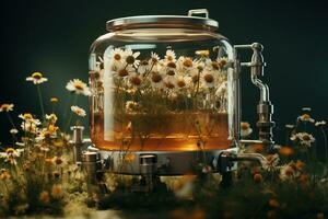 génératif ai, essentiel pétrole extraction avec distillerie machine avec camomille fleurs photo