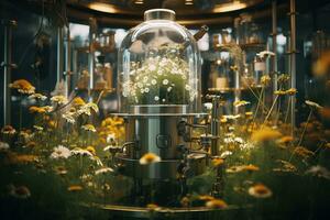 génératif ai, essentiel pétrole extraction avec distillerie machine avec camomille fleurs photo