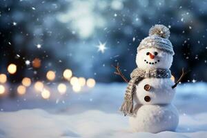 une mignonne jouet bonhomme de neige dans une chapeau et foulard. joyeux Noël et content Nouveau année salutation carte ai généré. hiver Contexte. haute qualité photo ai génératif