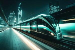 vite moderne train en mouvement par le ville le nuit. génératif ai photo