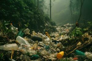 des ordures déverser dans le forêt, environnement la pollution et environnement concept, des ordures pile dans forêt parmi les plantes. toxique Plastique dans la nature partout, ai généré photo