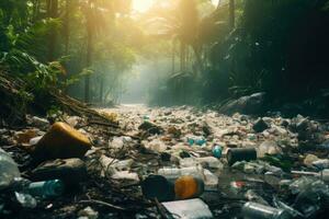 Plastique poubelle dans le forêt. la pollution et environnement concept, des ordures pile dans forêt parmi les plantes. toxique Plastique dans la nature partout, ai généré photo