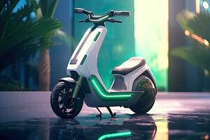 3d le rendu de une blanc scooter avec vert néon lumières dans le ville, générique électrique scooter, futuriste mobilité Solution pour les villes. durable transport solutions. vert énergie, ai généré photo