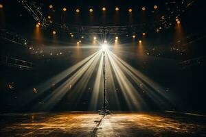 concert étape avec une microphone dans le lumière de projecteurs. performance photo