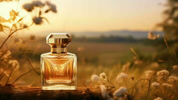 opulent parfum bouteille soutenu par doucement flou Naturel paysage, ai génératif photo