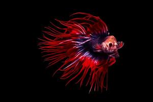 magnifique mouvement de rouge bleu betta poisson, fantaisie demi Lune beta, le en mouvement moment magnifique de Siamois combat poisson, betta splendides, rythmique de betta poisson sur noir Contexte. photo