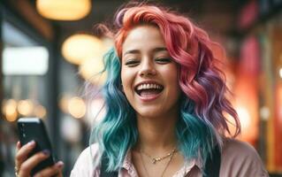 Jeune femme avec coloré cheveux et une téléphone intelligent dans sa main des rires et cris avec joie. content femme et liberté mode de vie. ai génératif photo