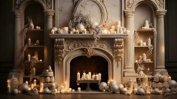 génératif ai, luxe beige intérieur avec Noël d'or et blanc décoration photo