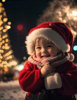 ai génératif, mignonne enfant dans Père Noël claus costume sur flou neigeux Noël veille Contexte photo