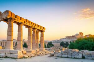 ancien construction dans Athènes, ancien agora de Athènes dans Grèce magnifique le coucher du soleil. ai généré. photo