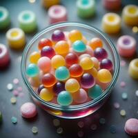 sucre recouvert gelée bonbons de divers couleurs dans une magnifique récipient. ai génératif photo