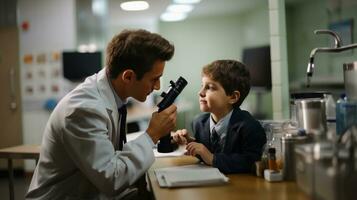 peu garçon et le sien médecin dans une médical Bureau à la recherche par une microscope. photo