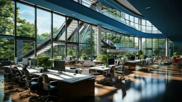 intérieur de moderne Bureau avec verre mur, panoramique les fenêtres et en bois sol. photo