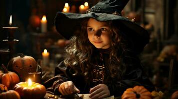 mignonne peu fille dans sorcière costume séance à le table avec citrouilles. photo