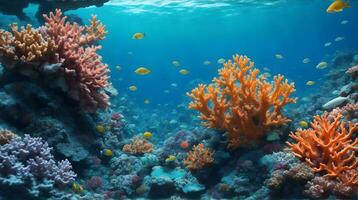 une vibrant corail récif grouillant avec un tableau de coloré Marin vie, ensemble contre le toile de fond de une clair, azuré océan. ai génératif photo