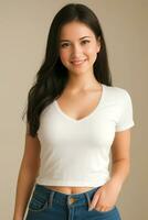 fermer Jeune magnifique femme souriant et portant blanc T-shirt sur gris arrière-plan.génératif ai. photo