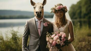 la mariée et jeune marié sur leur mariage journée. épouse avec une âne mari. photo