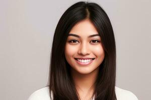 fermer photo portrait de une magnifique Jeune asiatique femme souriant avec nettoyer les dents sur gris arrière-plan.génératif ai.
