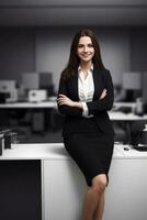 Jeune affaires femme brunette dans une affaires costume supporter dans un bureau.génératif ai. photo