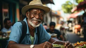 portrait de souriant Sénior homme séance à le table dans le rue de Guatemala ville. photo