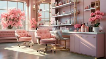 moderne intérieur de une beauté salon avec rose meubles. photo