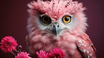 magnifique charmant rose hibou avec fleurs sur une charme Contexte. photo