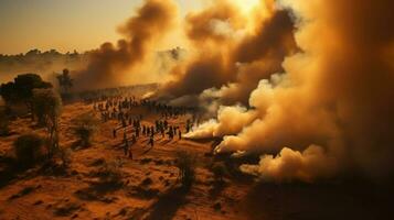 aérien vue de une brûlant territoire de Palestine avec gens à le coucher du soleil. Israël et Palestine guerre concept. photo